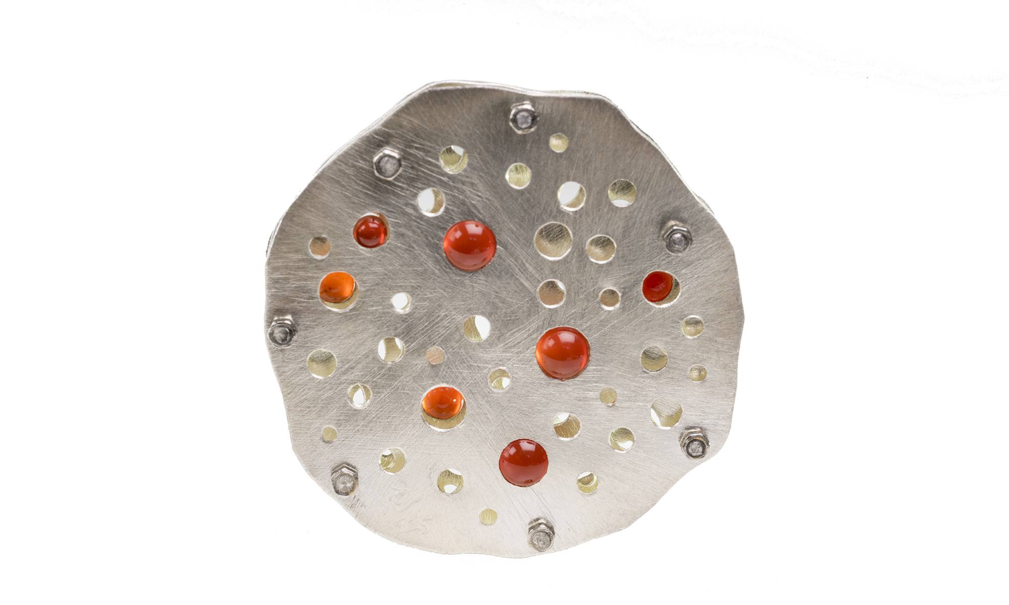 Three layer sterling silver and stainless steel radiolaria inspired pendant with tension set carnelian spheres