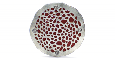 Heliodiscus Phacodiscus Brooch Pendant. Argentium sterling silver, recycled red suede, stainless steel