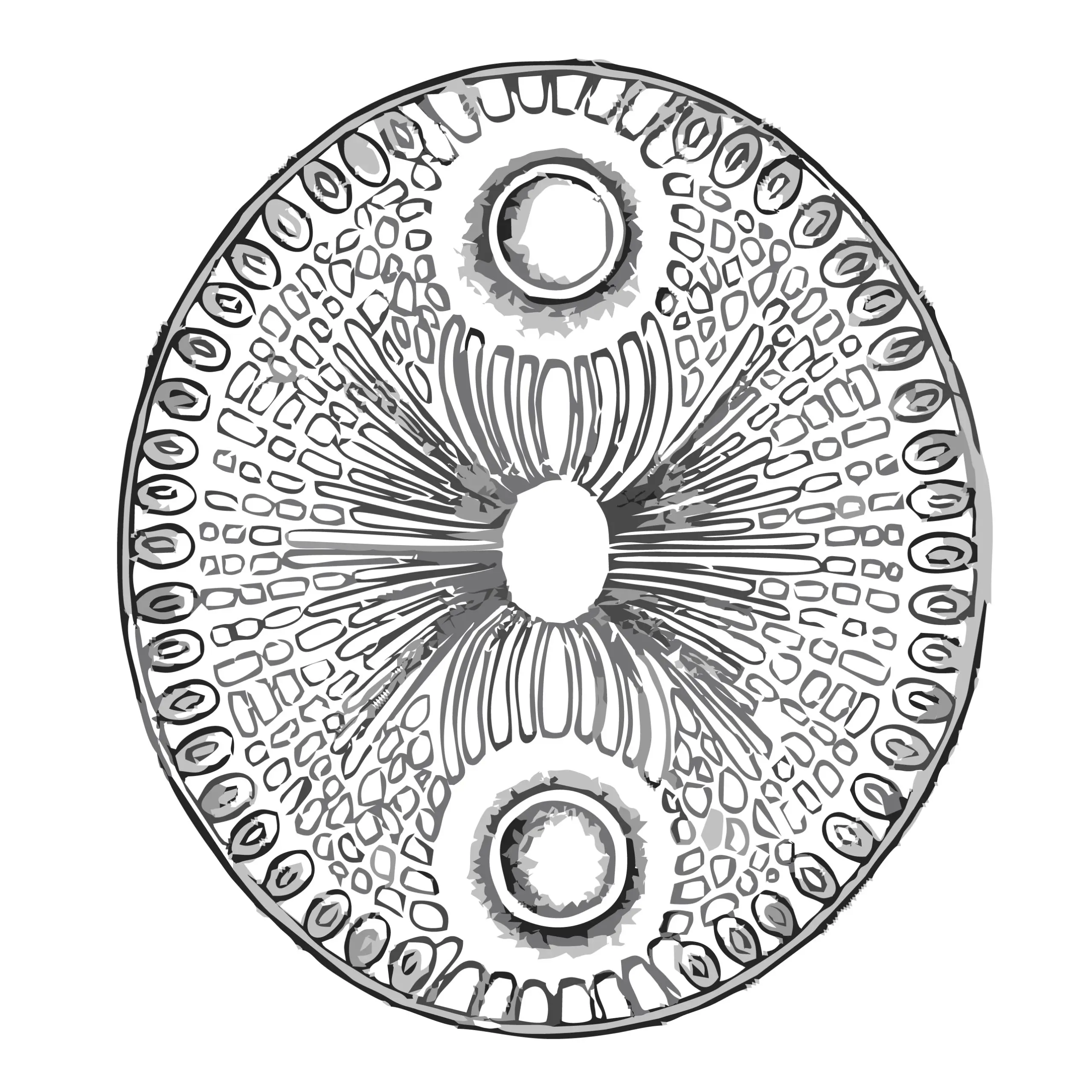 Auliscus Mirabilis Greville (AMG) from "Diatoms of France" by Peragallo and Peragallo, Plate IV, Vol V, 1897. Oval with geometric and organic features inside the AMG