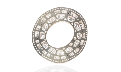CIPI cuff bracelet created in low tarnish sterling silver. The outer layer is based on the Clathrocyclas latonae microscopic creature and the inner layer is based on the microscopic sea creature Polystomelia Imperatrix.