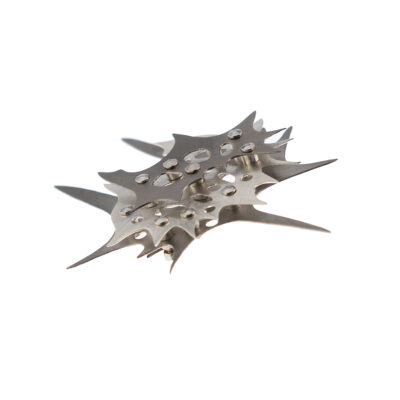 ECK brooch (Elaphospyris Ceratospyris Krausei) shown at an angle to highlight the connections between the layers of low tarnish sterling silver and pure titanium
