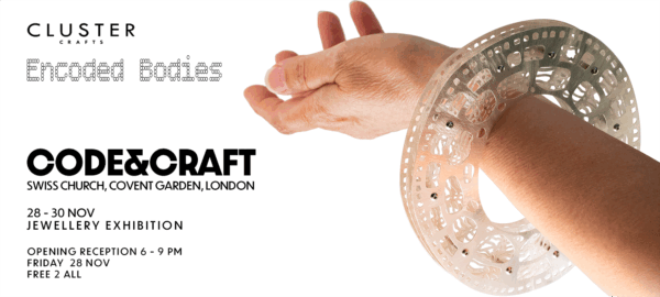 code and craft, cluster london, jewellery fair, exhibition, 28-30 Nov 2025 at the Swiss Church Covent Garden, London, UK. Opening reception free to all on 28 Nov 6 - 9 pm. Sherry Cordova's low tarnish sterling silver cuff bracelet on an arm