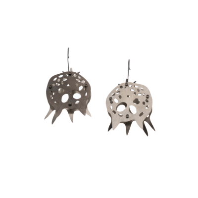 Zygospyrida Liriopyris Hexapoda earrings, back view, Low Tarnish Sterling Silver, Titanium, Stainless Steel Photo on pure white background